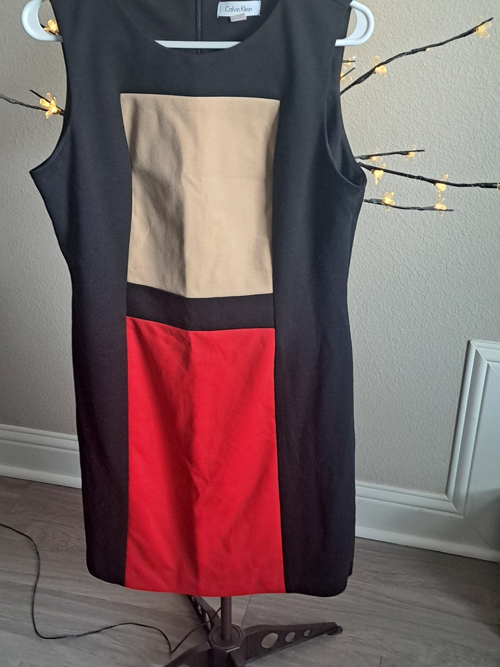 Calvin Klein Black Sleeveless Midi Dress with Red and Beige Panels Women's